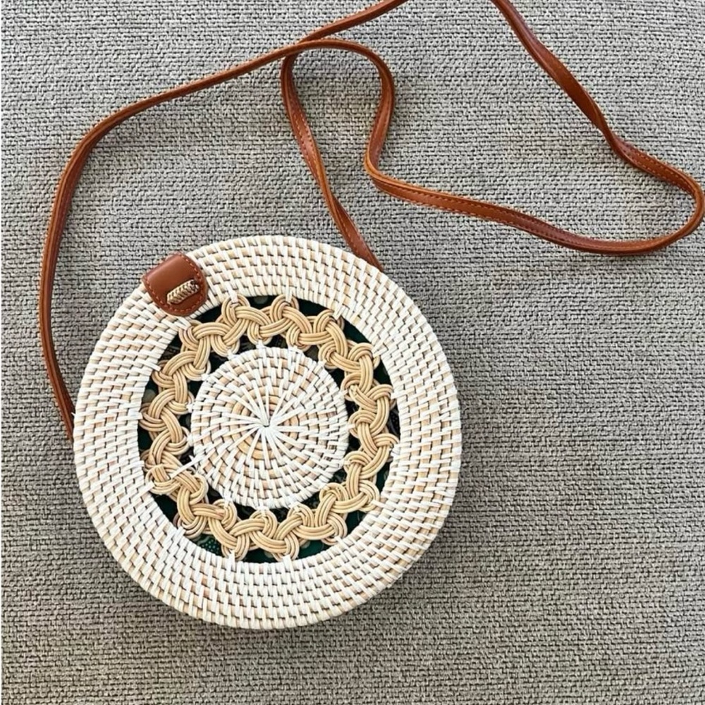 Round Woven Crossbody Bag - Cream and Tan
